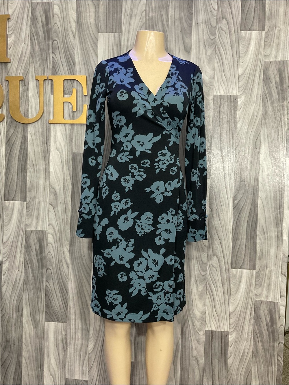 Ann Taylor Black Dress with Blue Floral Print - Long Sleeve V-Neck